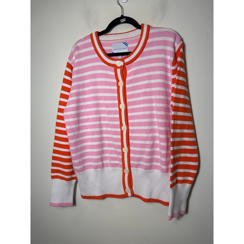 Addison Bay Pink White and Orange Striped Crewneck Cardigan